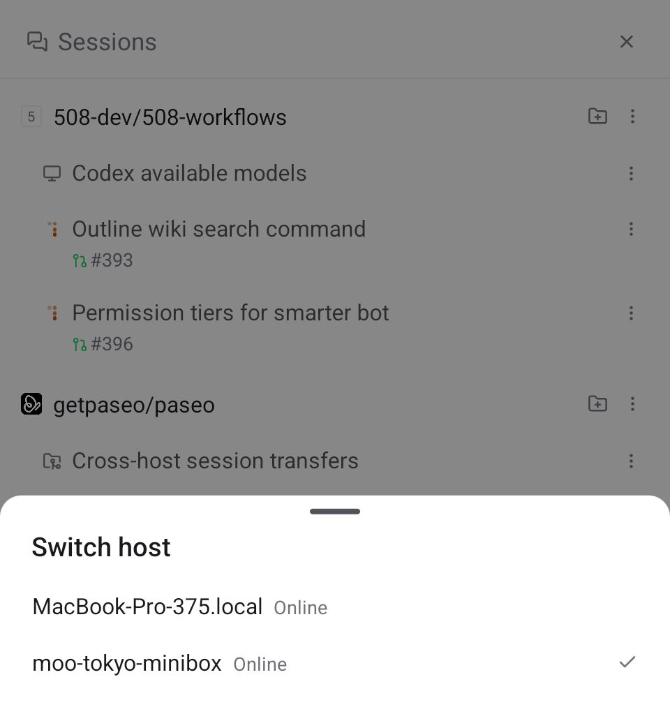Paseo mobile app showing MacBook and home mini PC remote hosts
